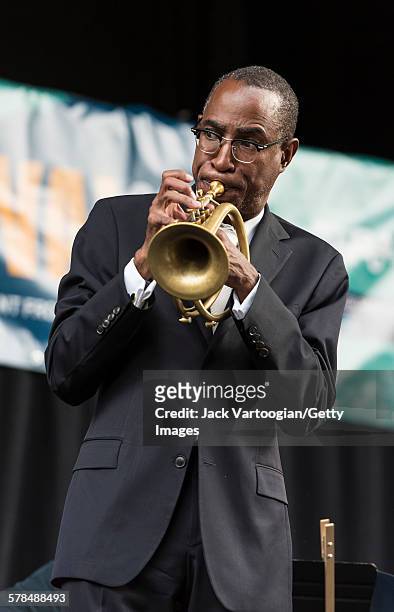 American Jazz musician Ron Miles plays cornet with the band Snowy Egret on the third and final day of the 23rd Annual Charlie Parker Jazz Festival in...