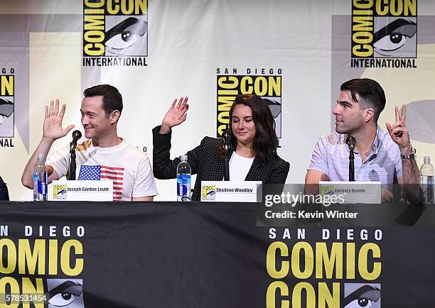 Actors Joseph Gordon-Levitt, Shailene Woodley and Zachary Quinto attend the "Snowden" panel during Comic-Con International 2016 at San Diego...