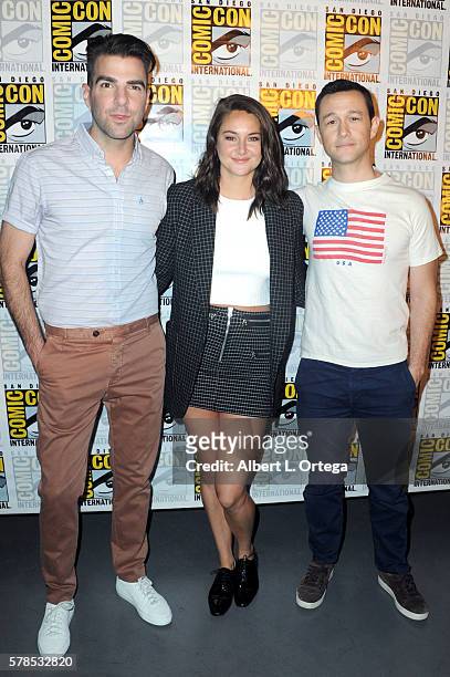Actors Zachary Quinto, Shailene Woodley and Joseph Gordon-Levitt attend "Snowden" panel during Comic-Con International 2016 at San Diego Convention...