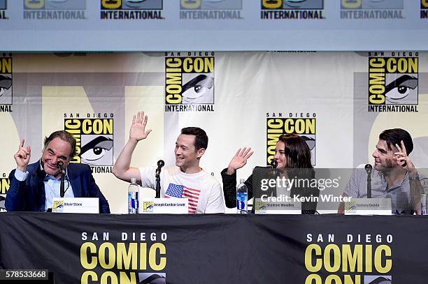 Writer/director Oliver Stone, actors Joseph Gordon-Levitt, Shailene Woodley, and Zachary Quinto attend the "Snowden" panel during Comic-Con...