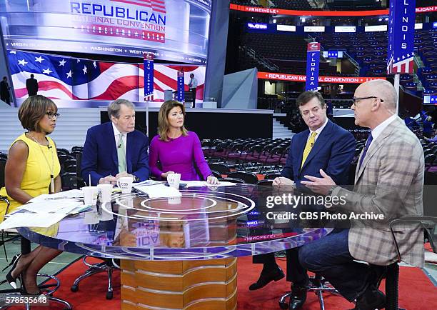 Co-Hosts Gayle King, Charlie Rose and Norah O'Donnell interview Trump Campaign Chairman Paul Manafort and Bloomberg's John Heinemann at the 2016...