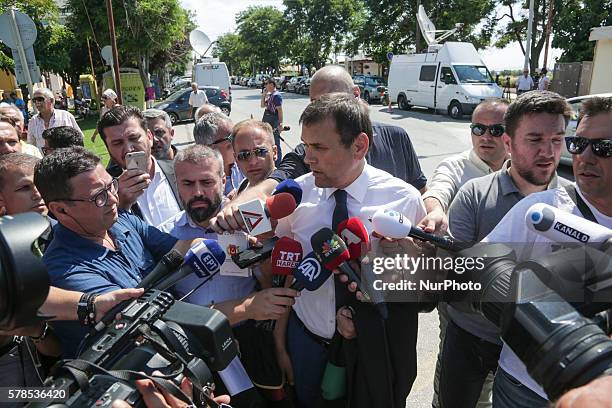 Lawyer Ramazan Ariturk speaks to media outside the courthouse of Alexandroupoli, Greece on July 21, 2016 during the trial of eight Turkish military...
