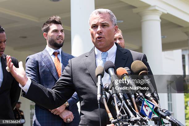 Washington, D.C. On Thursday, July 21, outside of the West Wing of the White House, Kansas City Royals General Manager, Dayton Moore, takes questions...