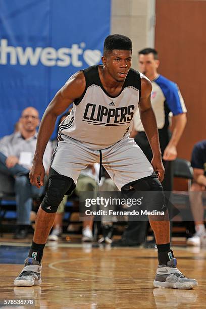 Wes Washpun of the Los Angeles Clippers plays defense against the Miami Heat during the 2016 Orlando Summer League on July 2, 2016 at Amway Center in...