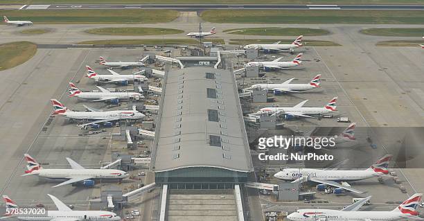 View of British Airways planes, the flag carrier and the largest airline in the United Kingdom, at its main hub at London Heathrow Airport. On...