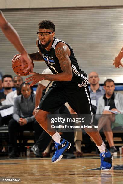 Devyn Marble of Magic Blue handles the ball against the Detroit Pistons during the 2016 Orlando Summer League on July 4, 2016 at Amway Center in...