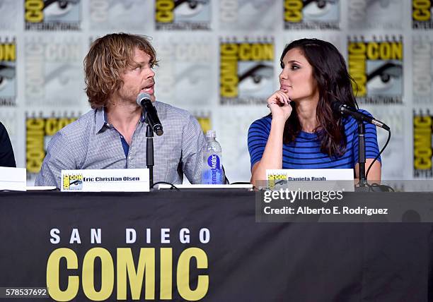 Actors Eric Christian Olsen and Daniela Ruah attend CBS Television Studios Block Including "Scorpion," "American Gothic" And "MacGyver" during...