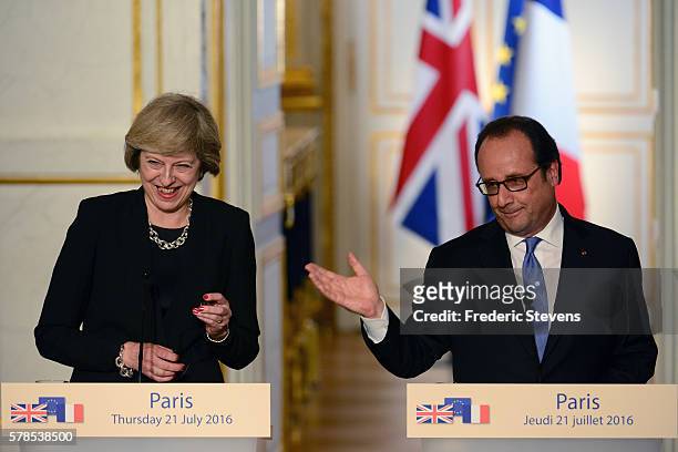Theresa May, prime minister of the United Kingdom , attends a press conference with French President Francois Hollande on July 21, 2016 in Paris,...