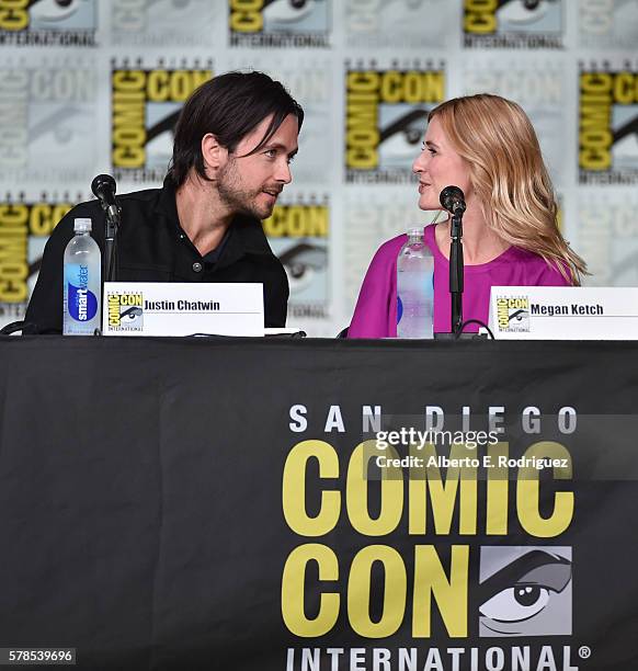 Actors Justin Chatwin and Megan Ketch attend CBS Television Studios Block including "Scorpion," "American Gothic" and "MacGyver" during Comic-Con...