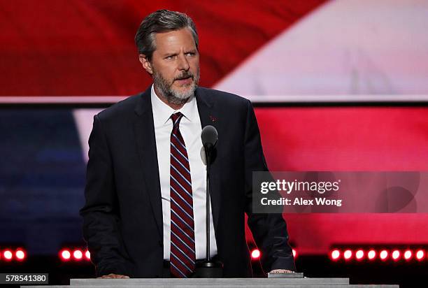 President of Liberty University, Jerry Falwell Jr., delivers a speech during the evening session on the fourth day of the Republican National...