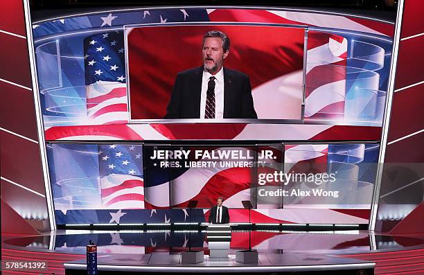 President of Liberty University, Jerry Falwell Jr., delivers a speech during the evening session on the fourth day of the Republican National...