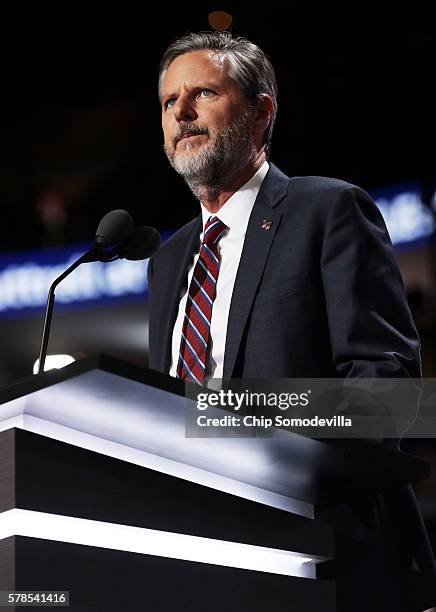 President of Liberty University, Jerry Falwell Jr., delivers a speech during the evening session on the fourth day of the Republican National...