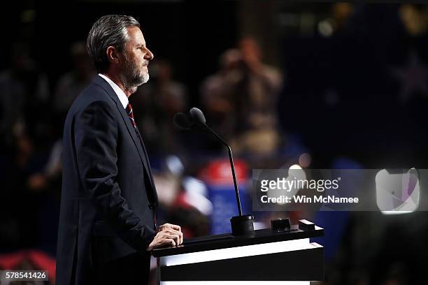 President of Liberty University, Jerry Falwell Jr., delivers a speech during the evening session on the fourth day of the Republican National...