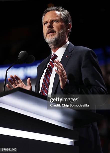 President of Liberty University, Jerry Falwell Jr., delivers a speech during the evening session on the fourth day of the Republican National...