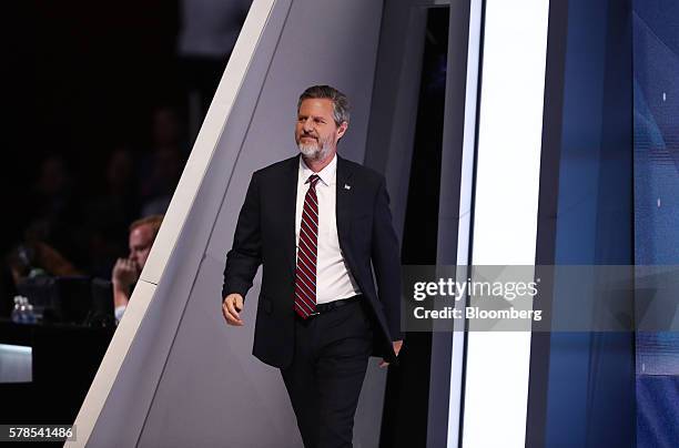Jerry Falwell Jr., president of Liberty University, arrives on stage to speak during the Republican National Convention in Cleveland, Ohio, U.S., on...