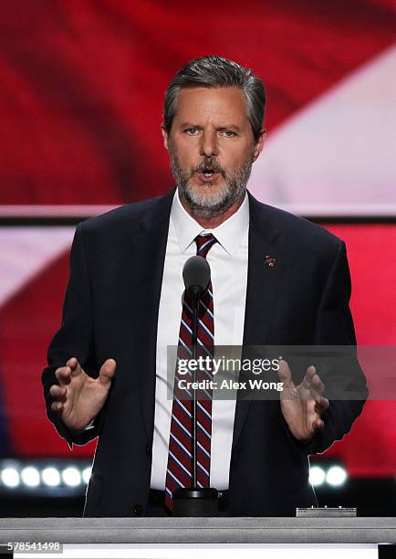 President of Liberty University, Jerry Falwell Jr., delivers a speech during the evening session on the fourth day of the Republican National...