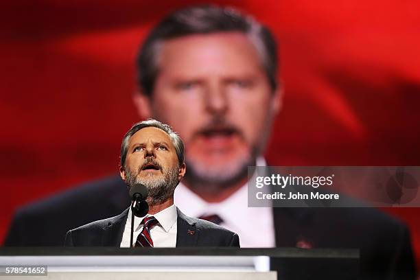 President of Liberty University, Jerry Falwell Jr., delivers a speech during the evening session on the fourth day of the Republican National...