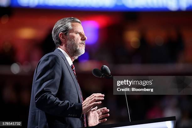 Jerry Falwell Jr., president of Liberty University, speaks during the Republican National Convention in Cleveland, Ohio, U.S., on Thursday, July 21,...