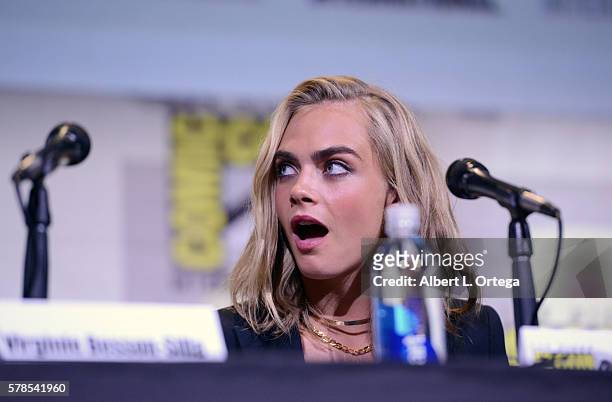 Actress Cara Delevingne attends the "Valerian And The City Of A Thousand Planets" panel during Comic-Con International 2016 at San Diego Convention...