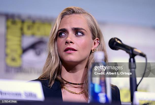 Actress Cara Delevingne attends the "Valerian And The City Of A Thousand Planets" panel during Comic-Con International 2016 at San Diego Convention...