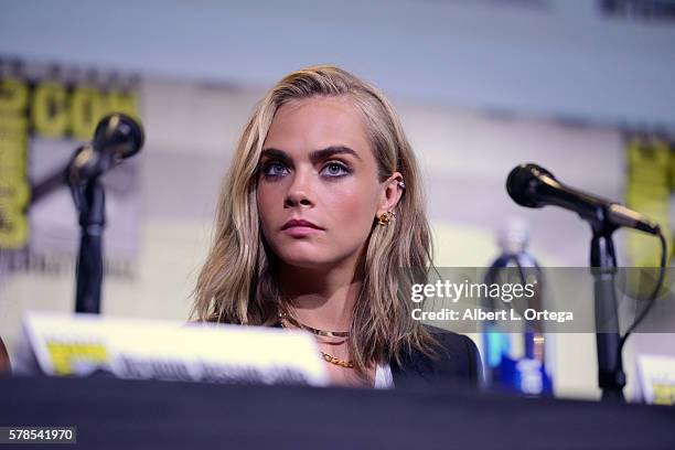 Actress Cara Delevingne attends the "Valerian And The City Of A Thousand Planets" panel during Comic-Con International 2016 at San Diego Convention...