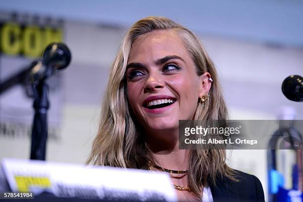Actress Cara Delevingne attends the "Valerian And The City Of A Thousand Planets" panel during Comic-Con International 2016 at San Diego Convention...