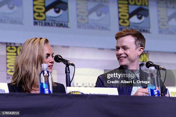 Actors Cara Delevingne and Dane DeHaan attend the "Valerian And The City Of A Thousand Planets" panel during Comic-Con International 2016 at San...