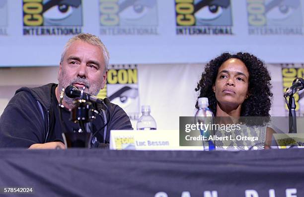 Director Luc Besson with Inkpot Award and producer Virginie Besson-Silla attend the "Valerian And The City Of A Thousand Planets" panel during...