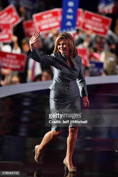 Rep. Marsha Blackburn waves to the crowd as she walks off stage after delivering a speech during the evening session on the fourth day of the...
