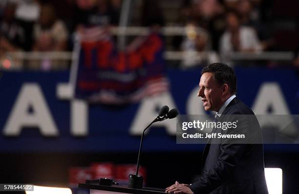 Peter Thiel, co-founder of PayPal, delivers a speech during the evening session on the fourth day of the Republican National Convention on July 21,...