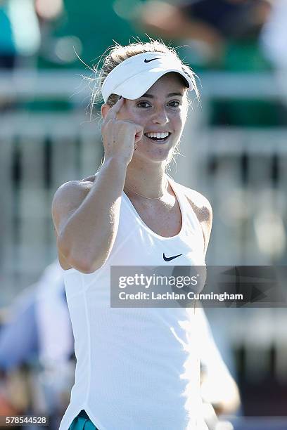 Catherine Bellis of the United States reacts after winning her match against Sachia Vickery of the United States during day four of the Bank of the...