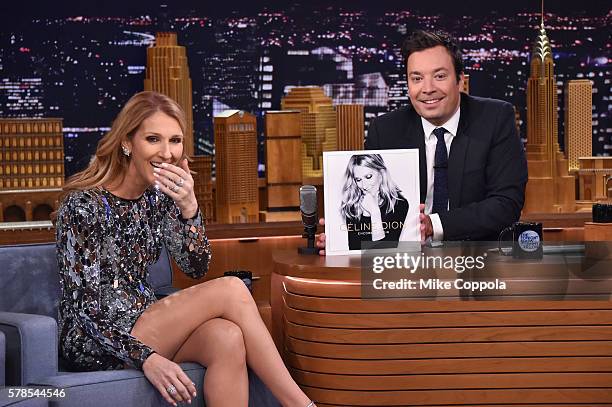 Singer Celine Dion is interviewed by host Jimmy Fallon on "The Tonight Show Starring Jimmy Fallon" at Rockefeller Center on July 21, 2016 in New York...