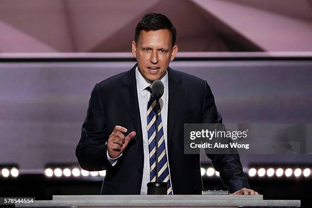 Peter Thiel, co-founder of PayPal, delivers a speech during the evening session on the fourth day of the Republican National Convention on July 21,...