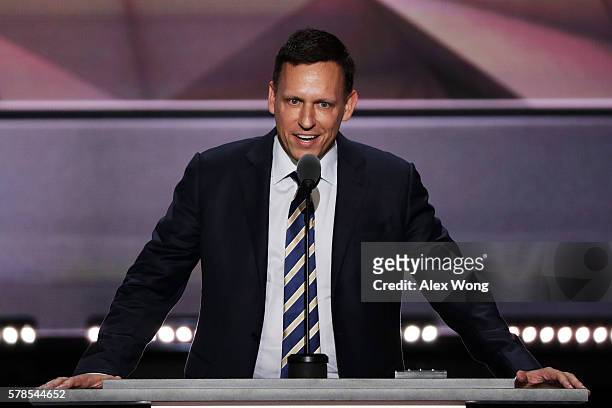Peter Thiel, co-founder of PayPal, delivers a speech during the evening session on the fourth day of the Republican National Convention on July 21,...
