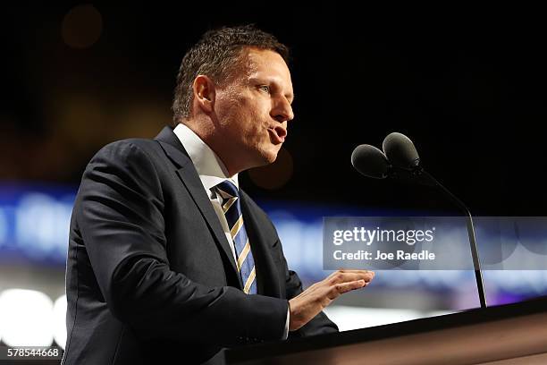 Peter Thiel, co-founder of PayPal, delivers a speech during the evening session on the fourth day of the Republican National Convention on July 21,...