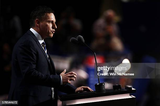 Peter Thiel, co-founder of PayPal, delivers a speech during the evening session on the fourth day of the Republican National Convention on July 21,...