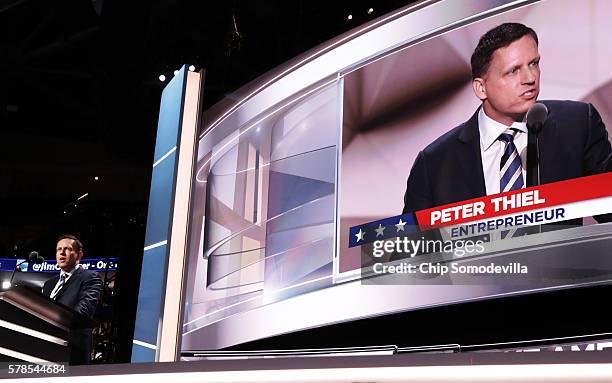 Peter Thiel, co-founder of PayPal, delivers a speech during the evening session on the fourth day of the Republican National Convention on July 21,...