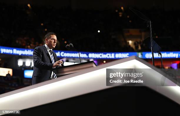 Peter Thiel, co-founder of PayPal, delivers a speech during the evening session on the fourth day of the Republican National Convention on July 21,...