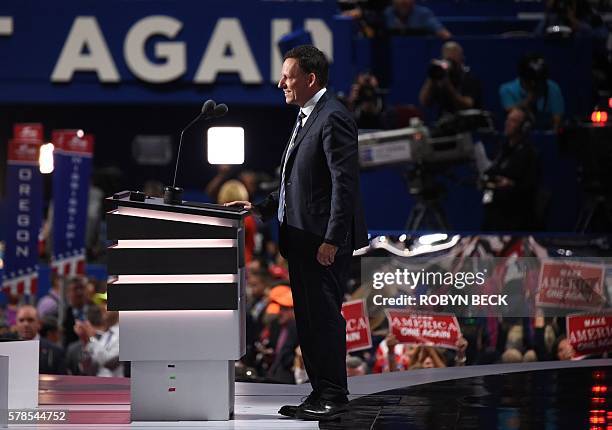 Venture capitalist Peter Thiel addresses the final night of the Republican National Convention at Quicken Loans Arena in Cleveland, Ohio, July 21,...