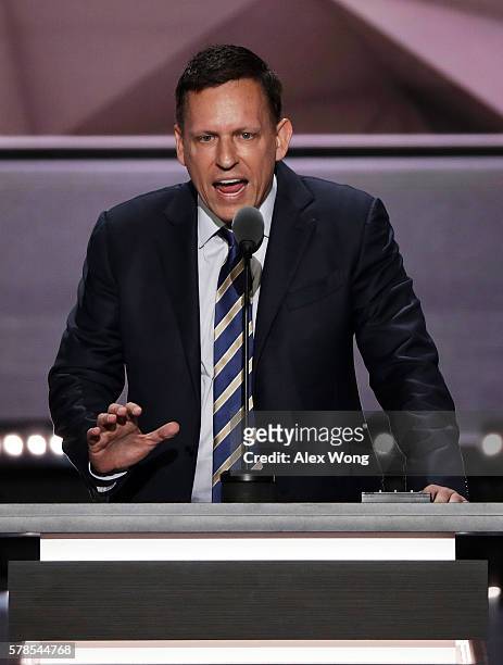 Peter Thiel, co-founder of PayPal, delivers a speech during the evening session on the fourth day of the Republican National Convention on July 21,...