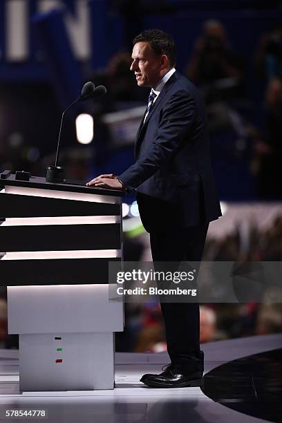 Peter Thiel, co-founder of PayPal Inc., speaks during the Republican National Convention in Cleveland, Ohio, U.S., on Thursday, July 21, 2016. This...