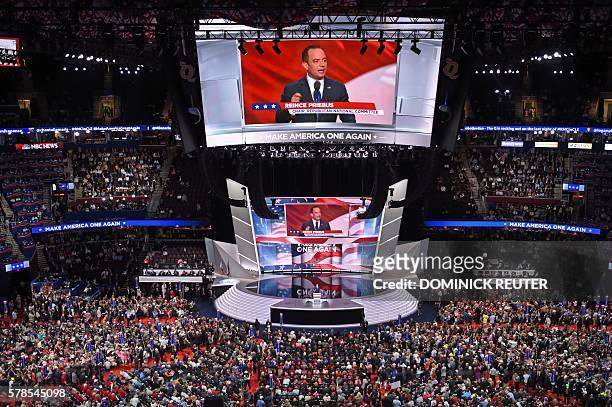 Reice Priebus, chairman of the Republican National Committee, addresses delegates on the final night of the Republican National Convention at the...