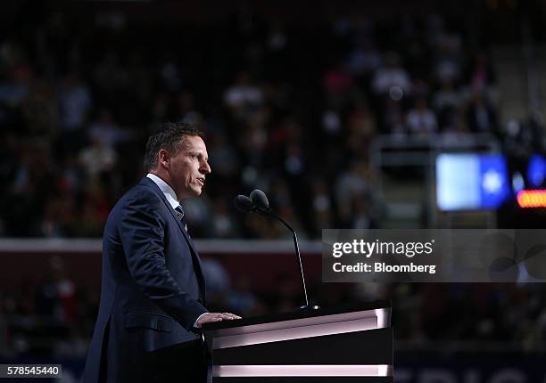 Peter Thiel, co-founder of PayPal Inc., speaks during the Republican National Convention in Cleveland, Ohio, U.S., on Thursday, July 21, 2016. This...