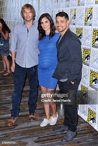 Actors Eric Christian Olsen, Daniela Ruah and Wilmer Valderrama attend CBS Fan Favorites Press Line during Comic-Con International 2016 at Hilton...