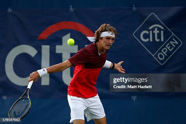 Alexander Zverev of Germany returns a shot to Malek Jaziri of Tunisia during day 4 of the Citi Open at Rock Creek Tennis Center on July 21, 2016 in...