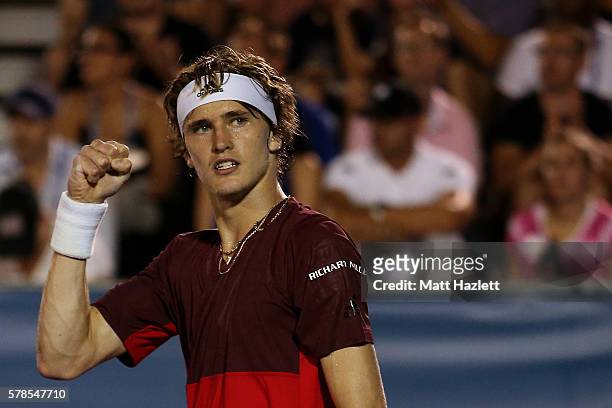 Alexander Zverev of Germany celebrates after defeating Malek Jaziri of Tunisia 6-2, 5-7, 6-2 during day 4 of the Citi Open at Rock Creek Tennis...