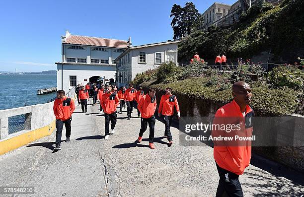 Danny Ings, Jordan Henderson, James Milner, Adam Lallana and Andre Wisdom of Liverpool during a visit to Alcatraz on July 22, 2016 in San Jose,...