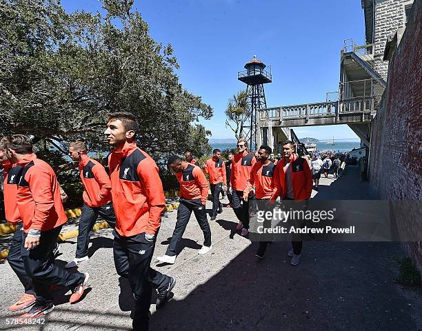 Marko Grujic, Nathaniel Clyne, Loris , Daniel Sturridge and Dejan Lovren of Liverpool during a visit to Alcatraz on July 22, 2016 in San Jose,...