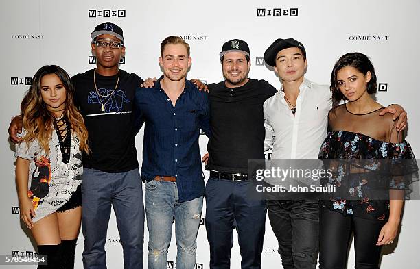 The cast of the Power Rangers movie Becky G, RJ Cyler, Dacre Montgomery, director Dean Israelite, Ludi Lin and Naomi Scott attend theWIRED Cafe...