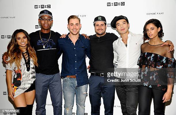 The cast of the Power Rangers movie Becky G, RJ Cyler, Dacre Montgomery, director Dean Israelite, Ludi Lin and Naomi Scott attend the WIRED Cafe...